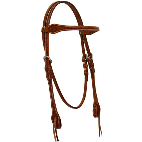 Testiera western Triple S in cuoio sagomato con decorazione basket e fibbie in acciaio inox - chestnut rosso