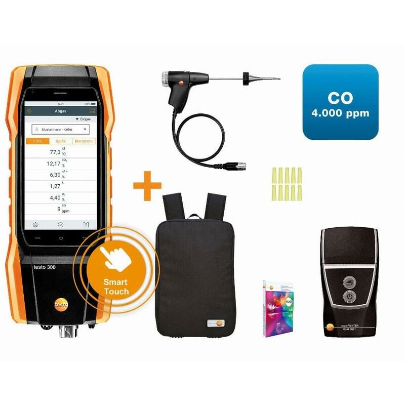 Testo - 300 initial avec imprimante + connecteur bluetooth + sac à dos, O2, co jusqu'à 4 000 ppm 0564 3002 96