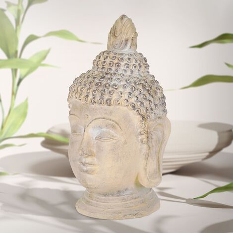 Tête de Bouddha en pierre artificielle beige-gris objet décoratif statue 55 cm