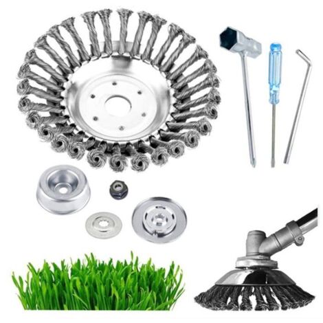 Tête de brosse métallique de 150 mm (6 po) pour désherber les joints de trottoirs ou allées.