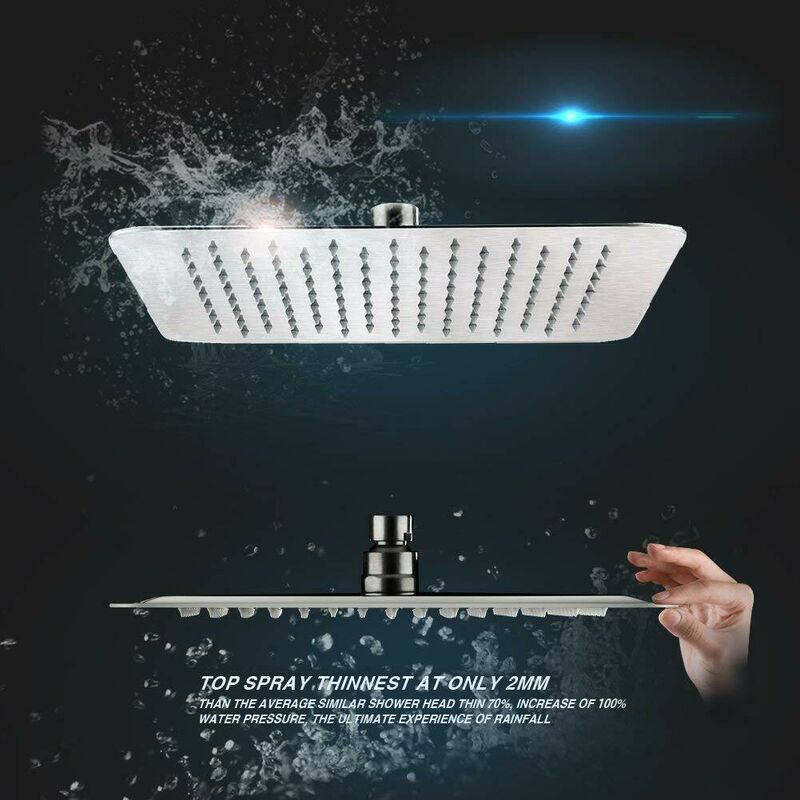 Tete de Douche Inox - Economie d'Eau, Pommeau de Douche Carré 40CM, Tete Pluie Universelle Filetage 1/2 Pouce, Rotatif 360°, Inclinable 30°, Facile à