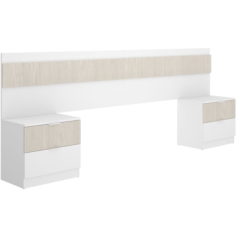 Tête de lit + 2 tables de nuits avec 2 tiroirs coloris imitation lamelles, blanc - longueur 248 x profondeur 34 x hauteur 96 cm