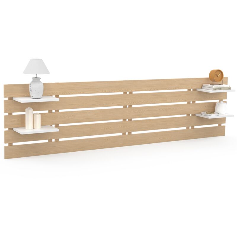 Tête de lit suspendue 5 larges lattes nina 240 cm bois clair et étagères blanches