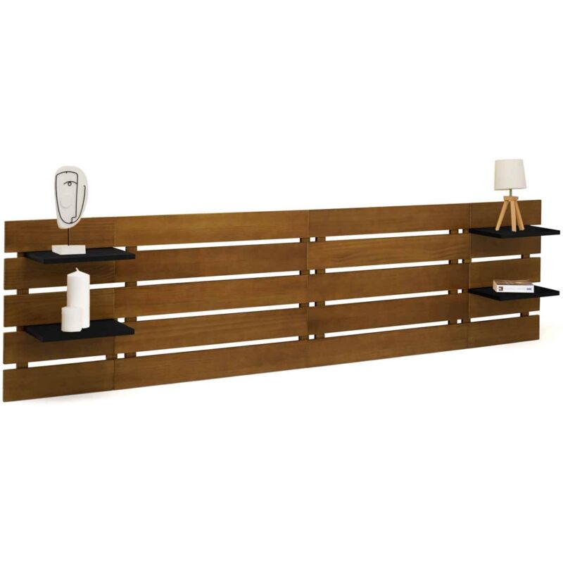 Tête de lit suspendue 5 larges lattes nina 240 cm bois vieilli et étagères noires