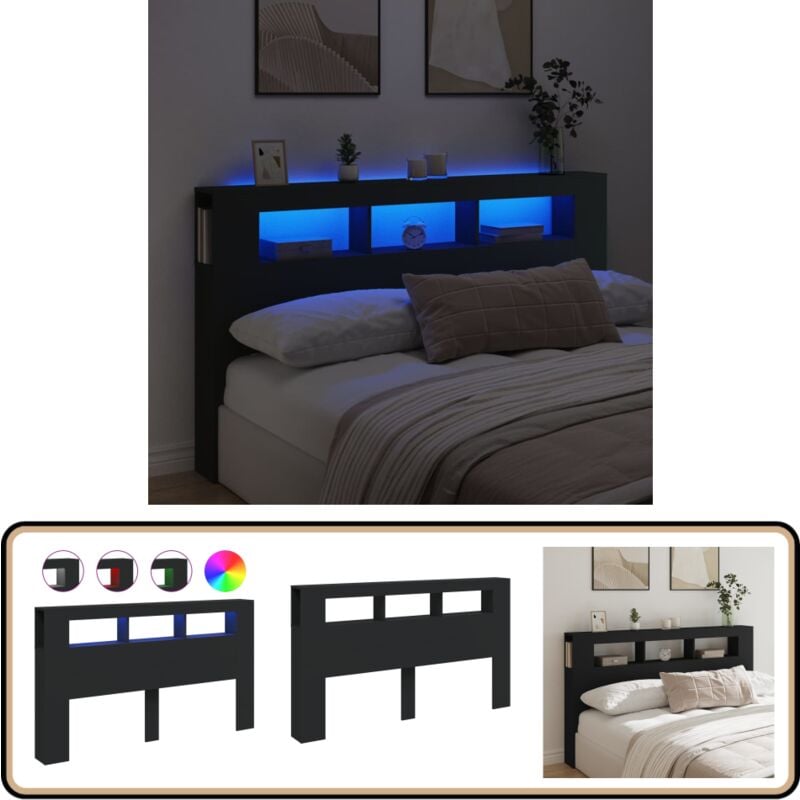 Vidaxl - Tête de lit à led noir 180x18,5x103,5 cm bois d'ingénierie - Tête De Lit Led - Tête De Lit Moderne - Tête De Lit Noire - Meuble De Chambre