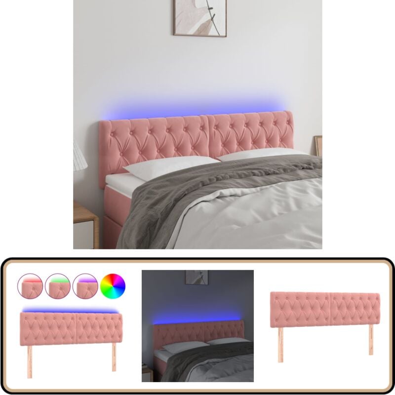 Tête de lit à LED Rose 160x7x78/88 cm Velours - Tête De Lit Led - Tête De Lit Velours - Tête De Lit Rose - Éclairage Led - Support Lombaire