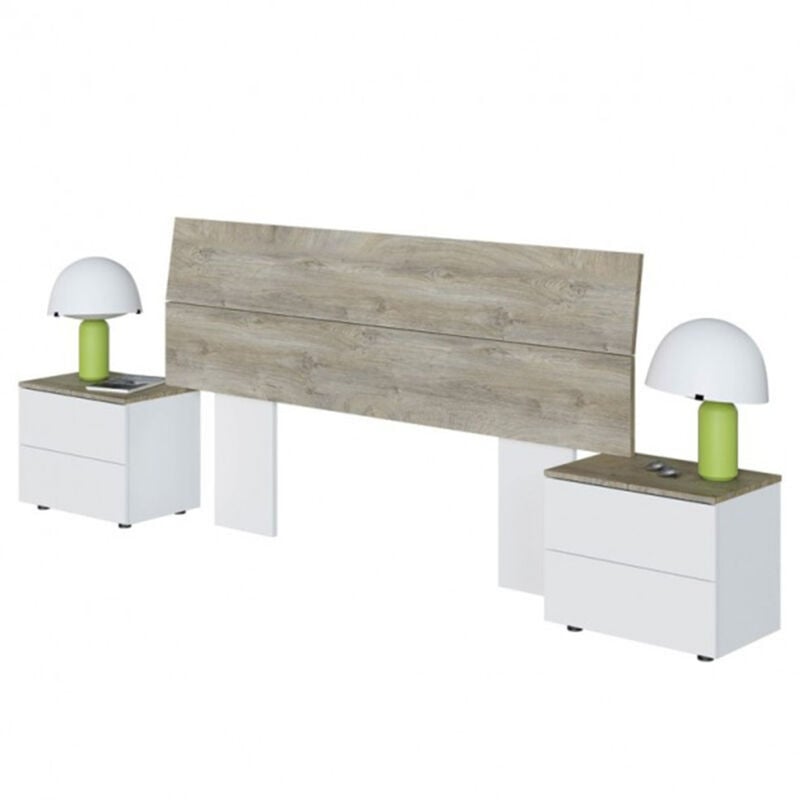 Tête de Lit avec 2 Tables de Chevet coloris blanc artic / chêne à nœuds alaska - Hauteur 96 x Longueur 256 x Profondeur 34 cm Pegane