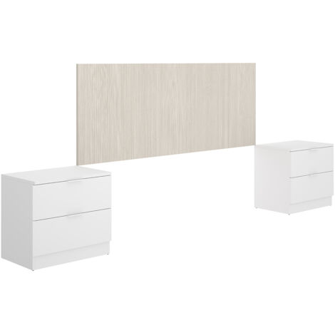 Tête de lit avec 2 tables de chevet coloris imitation lamelles, blanc - longueur 256 x profondeur 34 x hauteur 106 cm