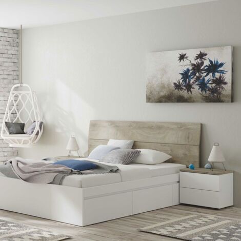 Tête de lit avec 2 tables de chevet en mélamine – Finition chêne Alaska et blanc Artik – Dimensions 54x176x6 cm – Compatible lits 135/150 cm – Mirakemueble