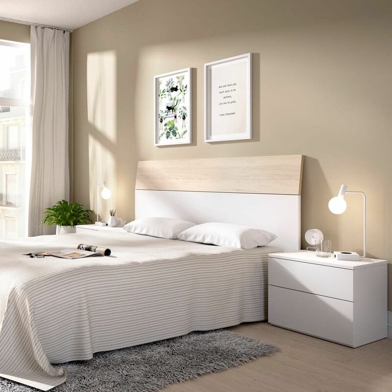 Tête de lit Gia avec deux tables de chevet Blanc - Naturel 261 x 100 x 34 cm - Blanc - Naturel