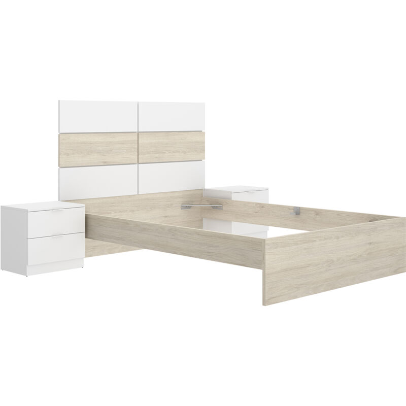 Tête de lit avec 2 tables de chevet , Structure de lit 140x190 cm chêne naturel, blanc-longueur 258 x profondeur 195 x hauteur121 cm