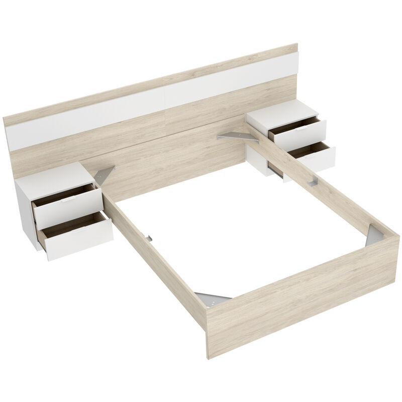 Tête de lit avec 2 tables de chevet , Structure de lit 140x190 cm coloris chêne naturel, blanc - longueur 248 x profondeur 195 x hauteur 96 cm