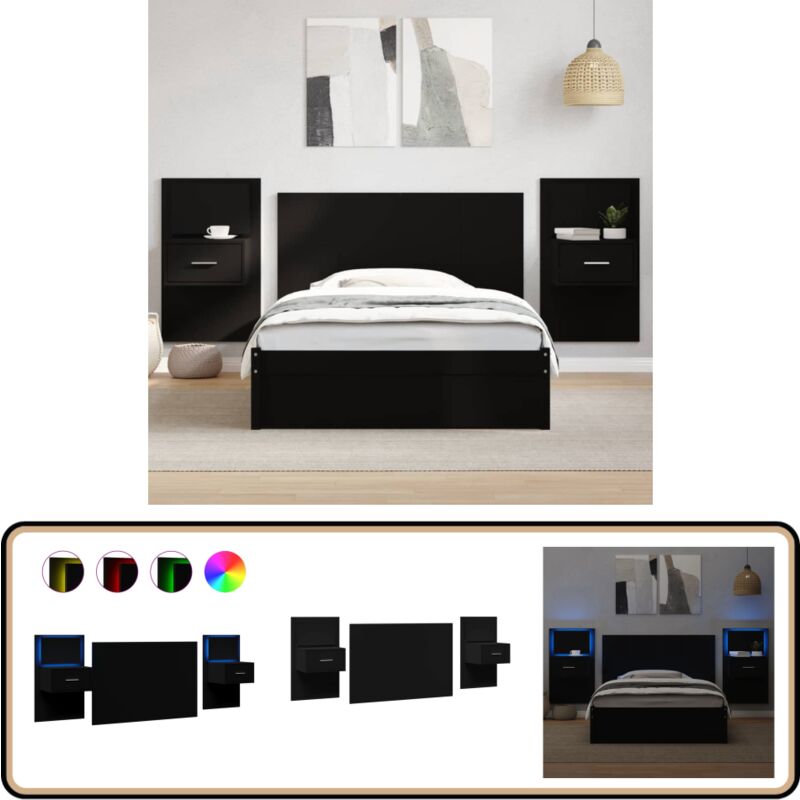Tête de lit avec armoires noir 120 cm bois d'ingénierie - Tête De Lit - Meuble De Chambre - Design Classique - Éclairage led - Rangement Intégré