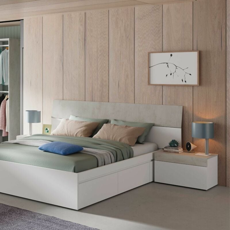 Tête de lit avec deux tables Tekkan 276 cm (largeur) x 97 cm (hauteur) x 40 cm (profondeur) - Artik Blanc - Ciment