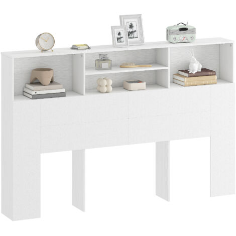 Tête de lit avec rangements 4 compartiments ouverts, accessoire de lit sur pied blanc, 160 x 20,2 x 108,2 cm, étagère de chevet pratique pour chambre à coucher.