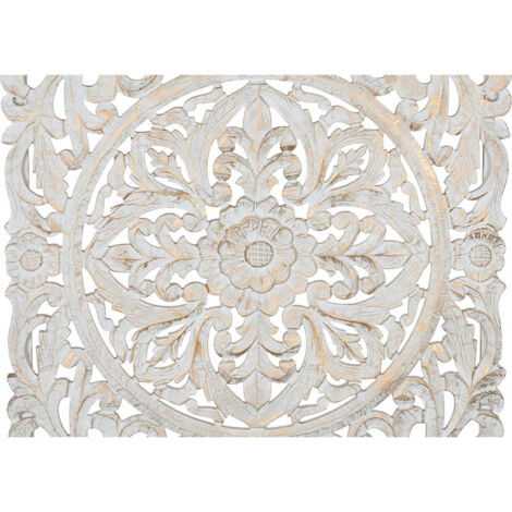 Tête de lit bois blanc doré esprit mandala décoratif - Blanc délavé avec motifs dorés
