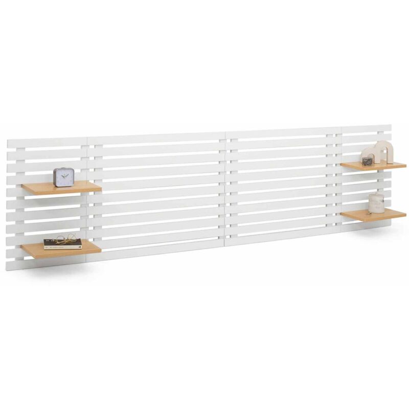 Tête de lit suspendue en lattes ava 240 cm bois blanc et étagères façon hêtre