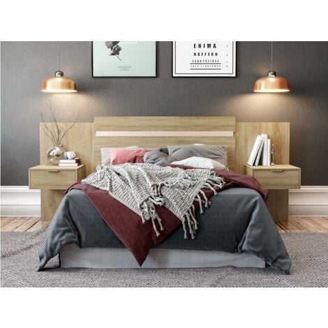 Tête de lit extensible avec chevets - 140/160 cm - Coloris : Naturel - PARATI - Naturel clair