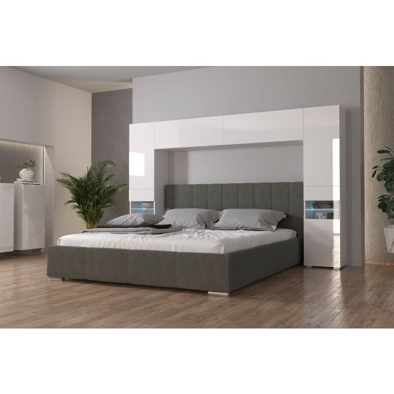 Viva - Tête de lit Armoire - pont de lit panama 12HG/W/2-1B blanc/blanc brillant 240x184x35cm