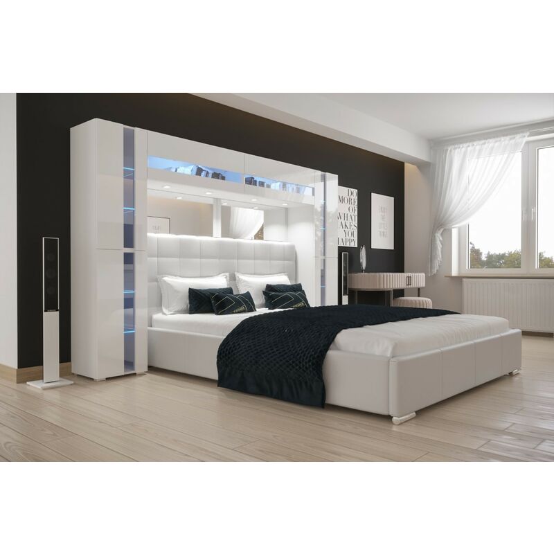 Tête de lit Armoire - pont de lit panama 14/HG/W/2-1A blanc/blanc brillant 256x184x35cm