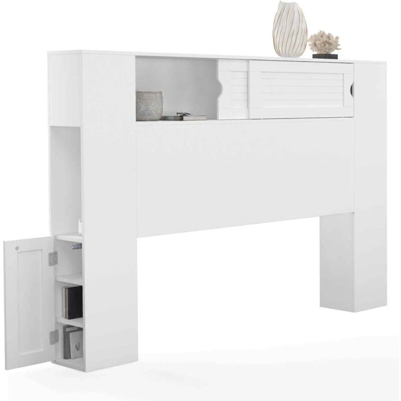 Tête de lit sur pied salem 145 cm avec rangements fermés et niches blanc