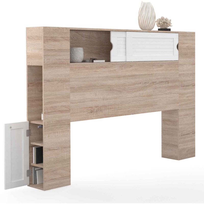 Tête de lit sur pied salem 145 cm avec rangements fermés et niches bois et blanc