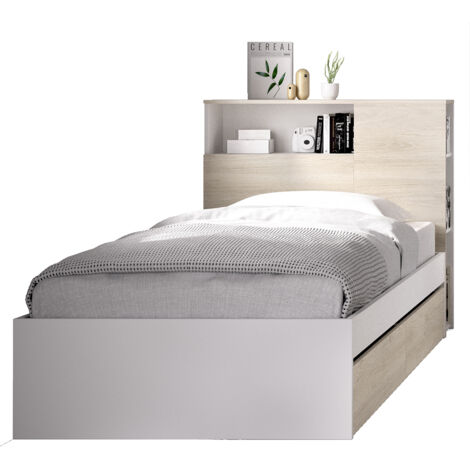 Tête de lit + structure de lit avec 2 tiroirs en bois coloris chêne naturel, blanc - Longueur 218 x Profondeur 97,50 x Hauteur 95 cm