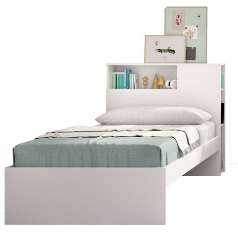 Tête de lit + structure de lit en bois coloris blanc - Longueur 218 x Profondeur 97,50 x Hauteur 95 cm