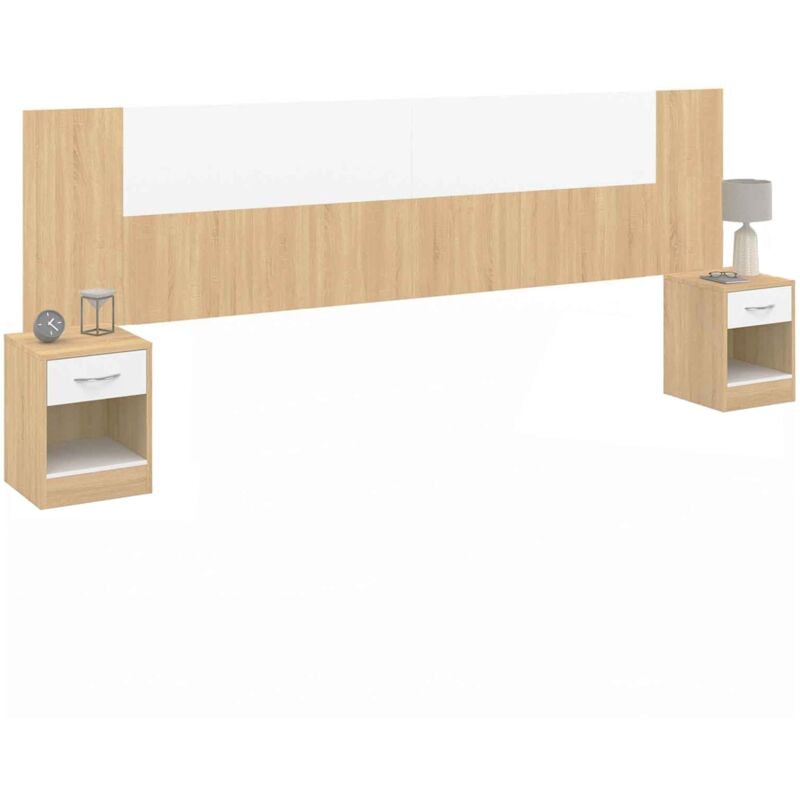 Tête de lit sur pied avec chevets modulables sapa pour lit 140, 160 ou 180 cm bois et blanc