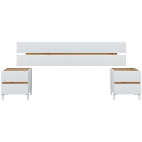 Tête de lit suspendue avec 2 tables de chevet à 2 tiroirs coloris Blanc/chêne - Longueur 216 x Hauteur 47 x Profondeur 3 cm