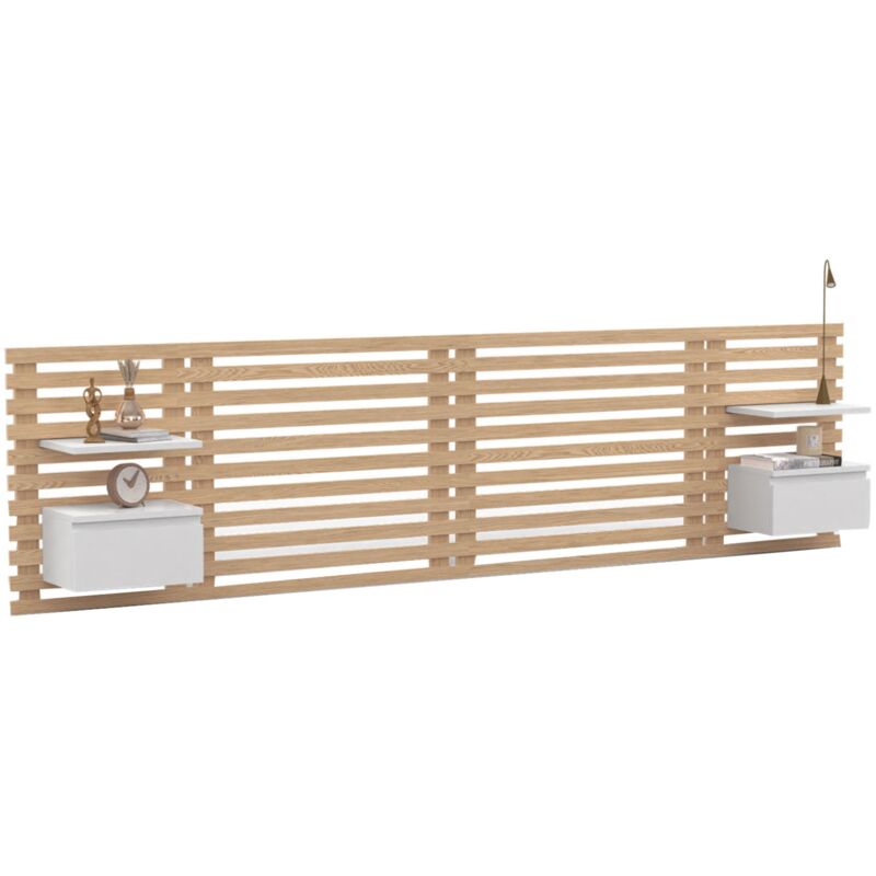 Tête de lit suspendue en lattes ava 240 cm avec chevets + tiroir façon bois clair et blanc