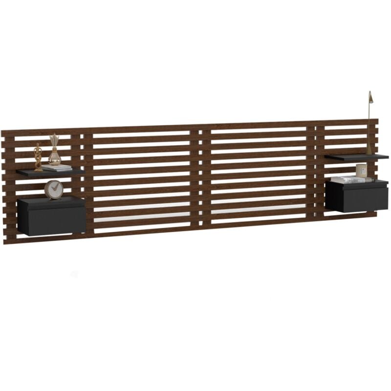 Tête de lit suspendue en lattes ava 240 cm avec chevets + tiroir façon bois vieilli et noir