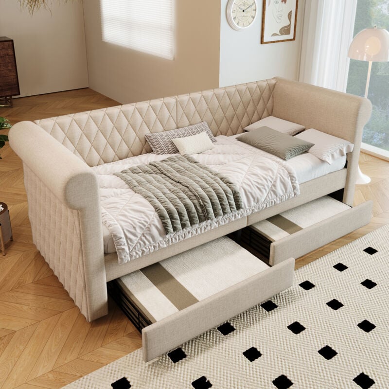 Canapé-lit 90x200 cm banquette-lit avec 2 tiroirs, cadre de lit avec sommier à lattes en bois et tête de lit, en lin, beige, sans matelas
