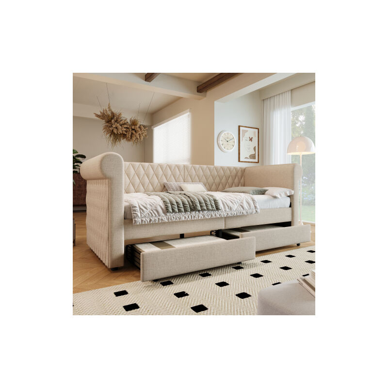 Tête de lit vintage Lit de salon 90x200 cm, Canapé-lit Lit de jour avec 2 tiroirs de rangement, lit d'enfant Lit d'adolescent Cadre de lit avec