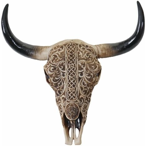 Tête de taureau décoration murale 31 cm trophée longhorn avec tribal en polyrésine intérieur/extérieur naturel 040002847