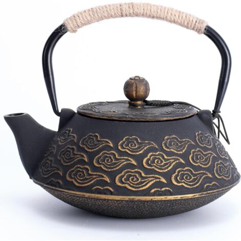 Tetera de hierro fundido, tetera japonesa con infusor de hojas sueltas, tetera para estufa de 800 ml con interior esmaltado, diseño de nubes, color negro