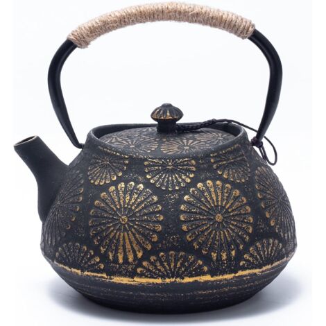 Tetera de hierro fundido, tetera japonesa con infusor para hojas sueltas, tetera de gran capacidad de 1200 ml con diseño Sakura para estufa, interior esmaltado revestido, color negro