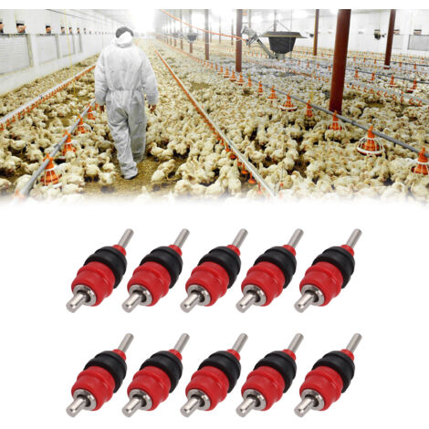 Têtes d'abreuvement automatique pour poules avec système anti-gouttes et billes rouges en acier inoxydable, 10 unités pour la gestion d'eau sans stress.