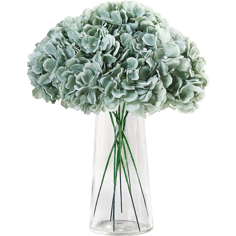 Feiyue - Têtes d'hortensia en soie avec tiges, têtes de fleurs d'hortensia artificielles pour décoration de maison, mariage, fête prénatale - Vert