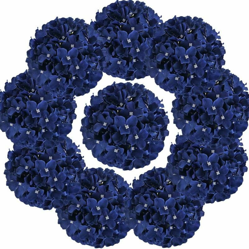 Tigrezy - Têtes d'Hortensia en Soie Fleurs Artificielles avec Tiges 10 Pcs (Bleu Royal)