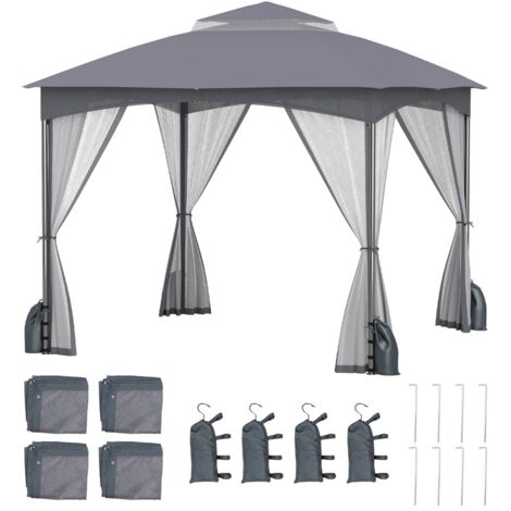 Tetto morbido a doppio strato con 4 sacchi di sabbia con cerniera, Gazebo da patio 3x3 M con pareti in rete Grigio