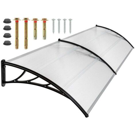 Tettoia per porta di casa, tetto spiovente in policarbonato trasparente, spessore 5 mm, supporto ABS, tetto della porta per esterni, tetto ad arco, clip nera (larghezza 200 cm)
