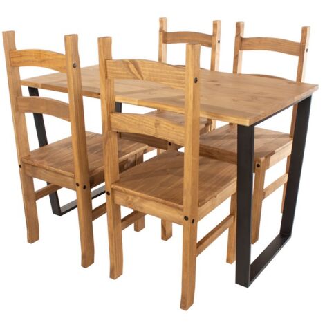 Texas Rectangular Dining Table with Metal Legs and 4 Corona Dining Chairs - Antique Waxed Pine/Black