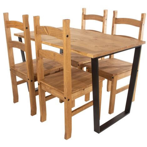Texas Rectangular Dining Table with Metal Legs and 4 Corona Dining Chairs - Black/Antique Waxed Pine