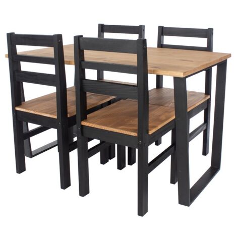 Texas Rectangular Dining Table with Metal Legs and 4 Linea Ladder Back Chairs - Black/Antique Waxed Pine - Flat Packed