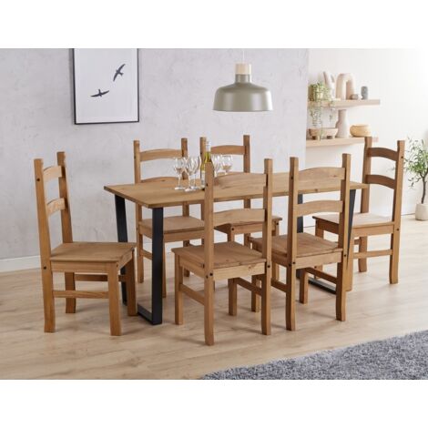 Texas Rectangular Dining Table with Metal Legs and 6 Corona Dining Chairs - Black/Antique Waxed Pine