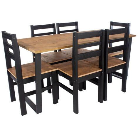 Texas Rectangular Dining Table with Metal Legs and 6 Linea Ladder Back Chairs - Black/Antique Waxed Pine - Flat Packed