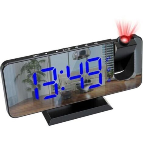 (Texte BLeu)Reveil Projecteur Plafond, Radio Réveil Projection Plafond, avec Ecran Miroir , Température Port de USB, Double Réveil