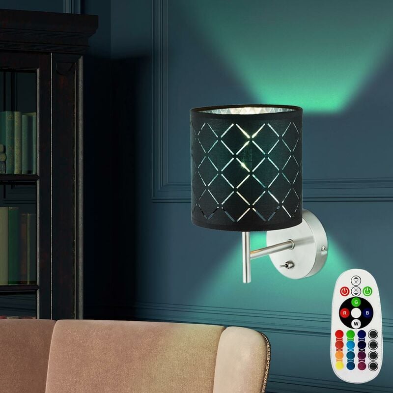 

Foco de pared textil con interruptor de lámpara gris con mando a distancia en un juego que incluye iluminadores LED RGB