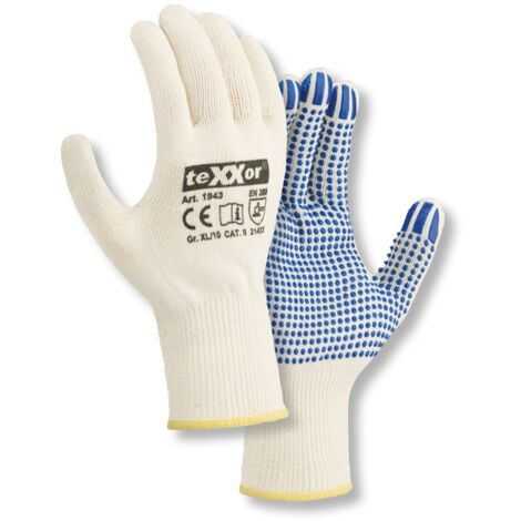 teXXor® Mittelstrick-Handschuhe BAUMWOLLE/NYLON, Weiß/blaue Noppen